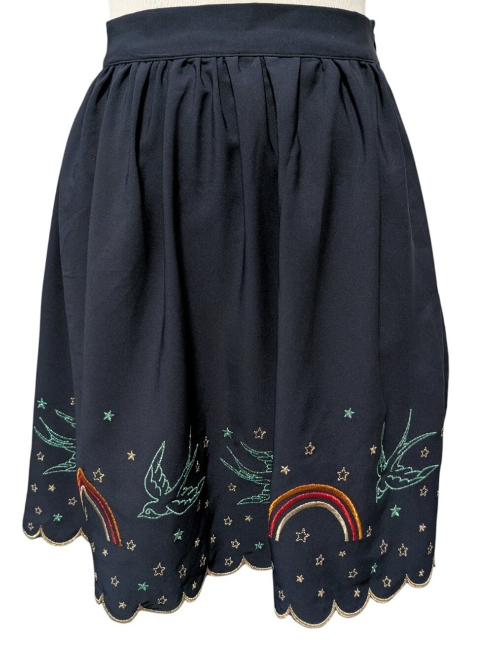 Modcloth Womens Sz S Treasured Reveries Blue Swallows Rainbows Stars Mini Skirt